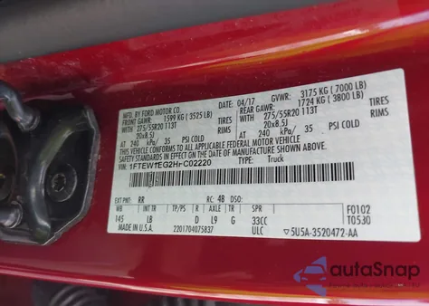 2017 Ford F-150 Lariat из США, поврежденный, VIN 1FTEW1EG2HFC02220